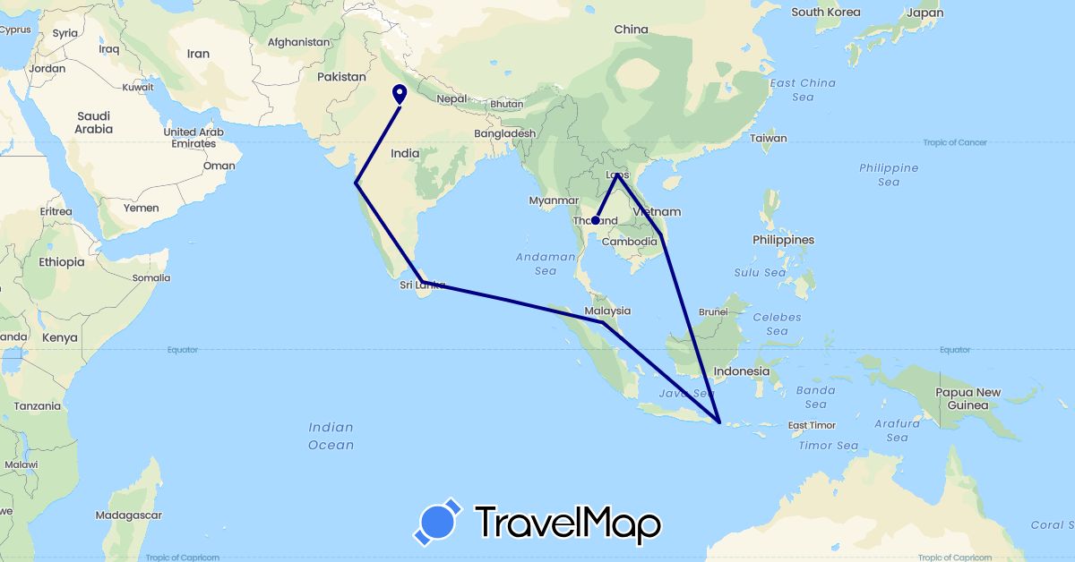 TravelMap itinerary: driving in Indonesia, India, Laos, Sri Lanka, Malaysia, Singapore, Thailand, Vietnam (Asia)